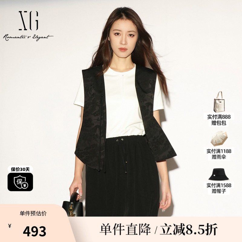 XG/雪歌 XL224006A990黑色新中式国风无袖马夹盘扣修身气质马甲女