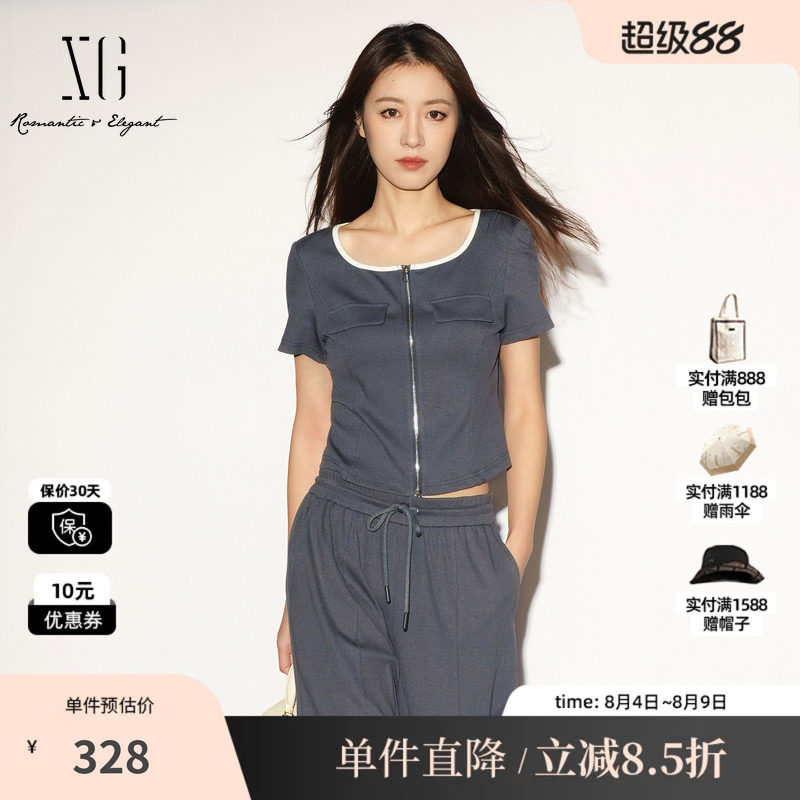 XG/雪歌XL201027B983深灰色方领短袖T恤短款拉链修身薄款开衫女装