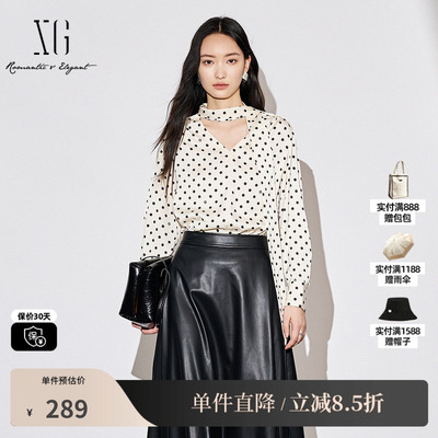 XG/雪歌XK321011B692波点长袖衬衫2025秋季新款绑带设计V领上衣女