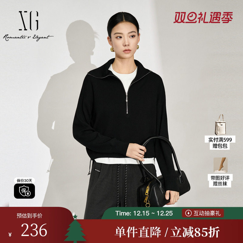 XG/雪歌XL311589A890黑色翻领毛针织衫2025秋季新款绵羊毛毛衫女