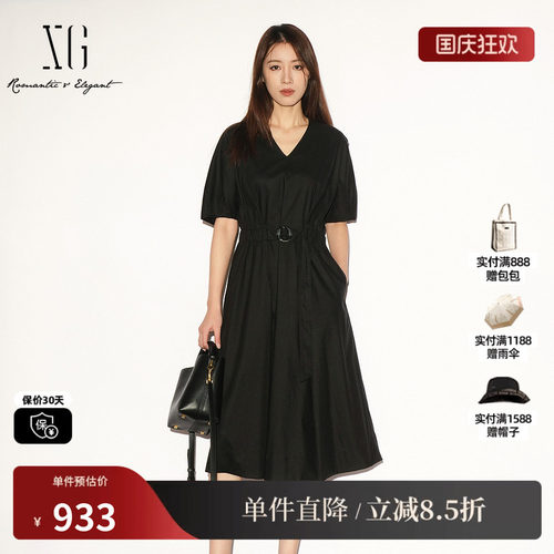 XG/雪歌 XL204048AE90黑色V领短袖连衣裙松紧收腰显瘦A字中伞裙女