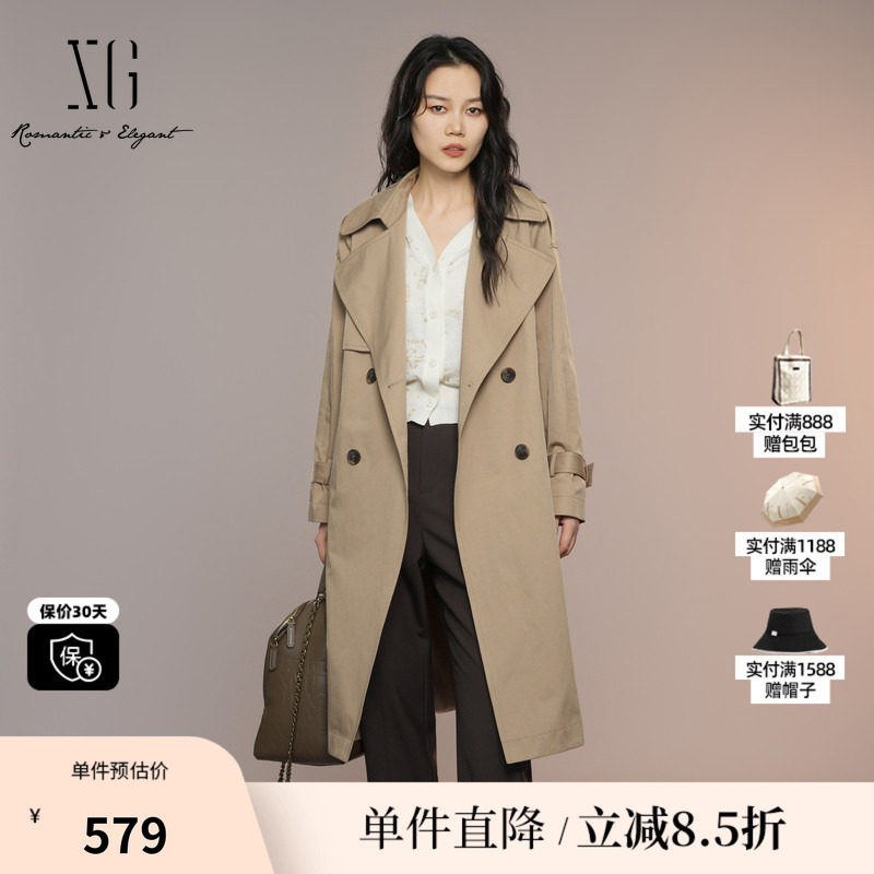 XG/雪歌XK308002A309中长款棉感风衣2025秋季新款咖色长袖外套女