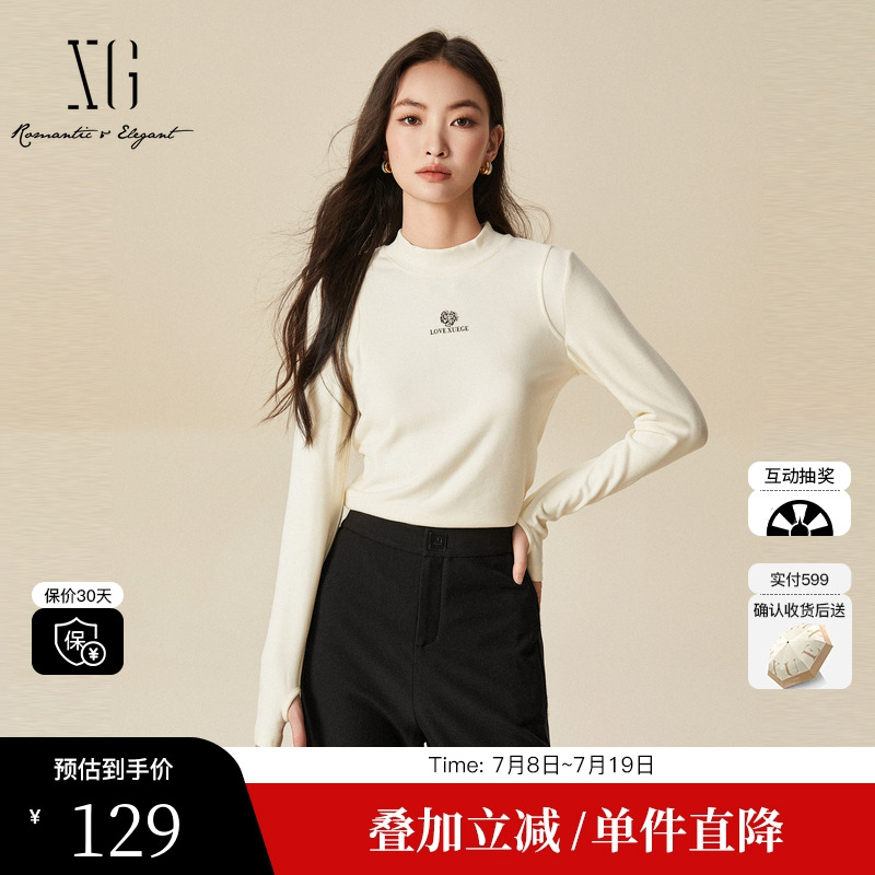 XG/雪歌XJ401053A151白色印花长袖T恤2024冬季新款淑女风上衣女装