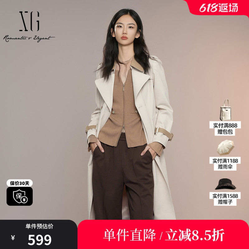 XG雪歌XK308004A460浅米色中长款风衣2025秋季新款长袖翻领外套女