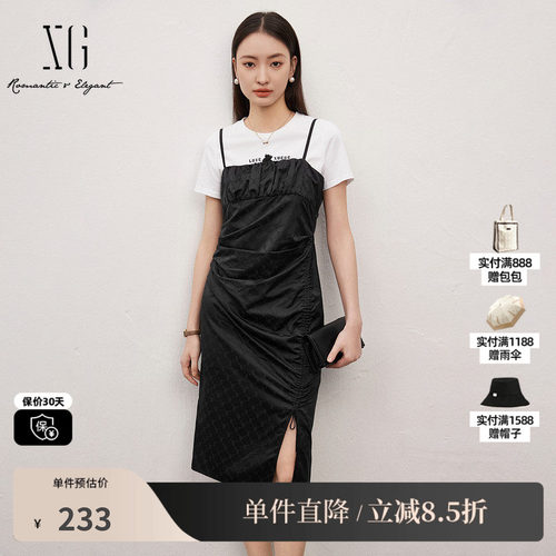 XG/雪歌XJ204054A390黑色两件套连衣裙时尚夏季新款开叉吊带裙女