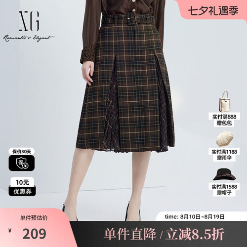XG/雪歌XJ303017B395格纹高腰半身裙时尚秋季新款百褶开叉A字裙女