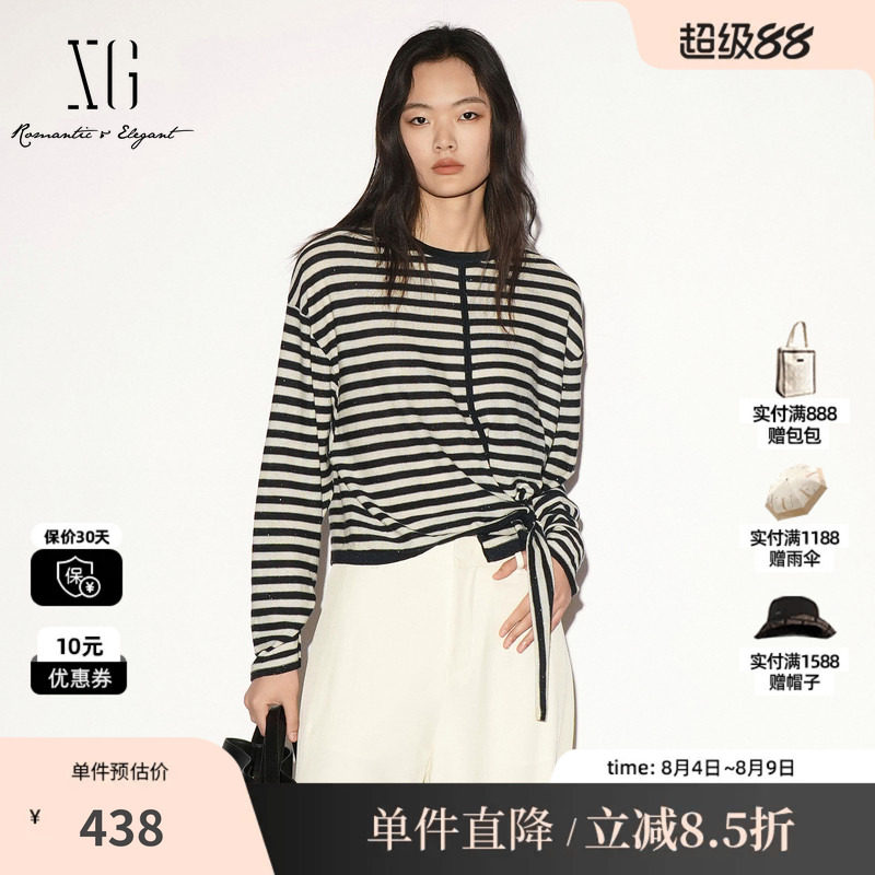 XG/雪歌 XL311022B299黑白条纹棉感圆领绑带长袖针织衫落肩休闲女