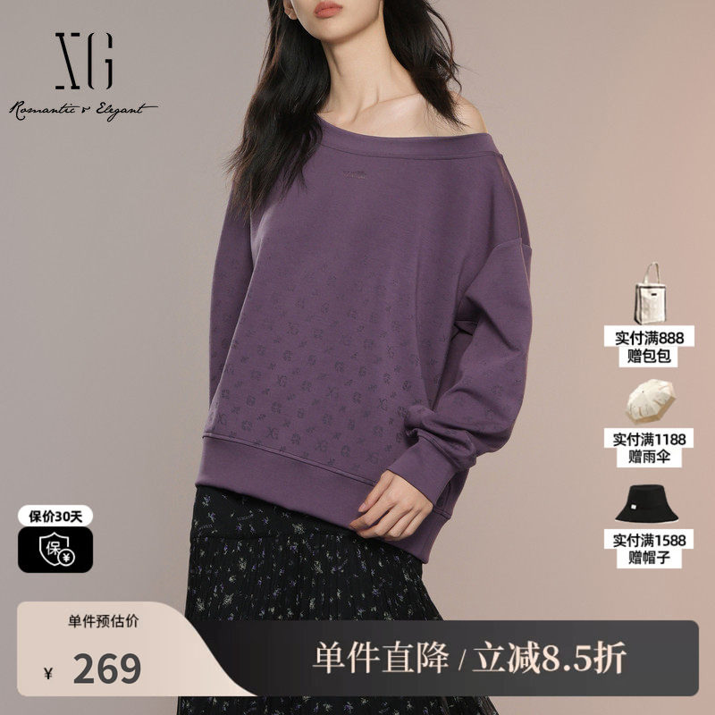 XG/雪歌XK301002A403印花长袖套头卫衣2025秋季新款深紫色上衣女