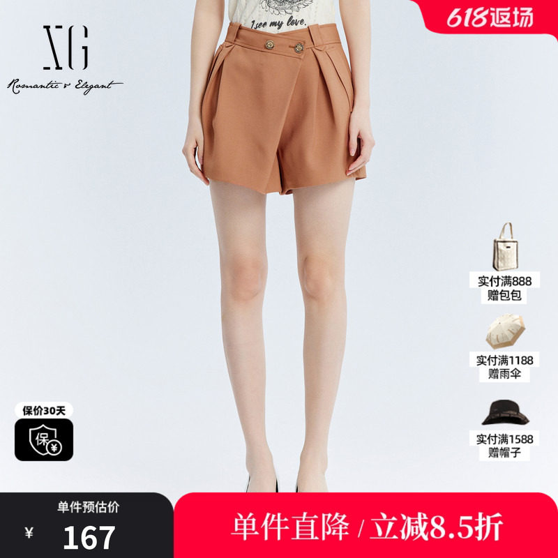 XG/雪歌XJ302001A133桔黄色休闲裤时尚秋季新款压褶直筒短裤女装