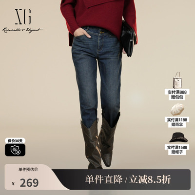XG/雪歌XK402025A519做旧水洗牛仔裤2025冬季新款微弹直筒长裤女