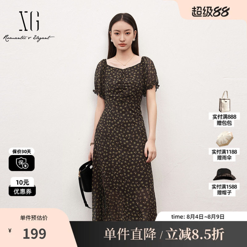 XG雪歌XK204627B806复古碎花短袖连衣裙时尚夏季新款开叉中长裙女