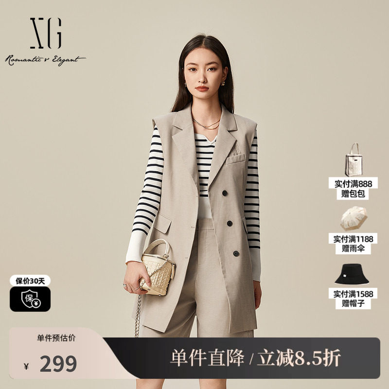 XG雪歌XL104019A473卡其色收腰连衣裙2025秋季新款通勤西装短裙女