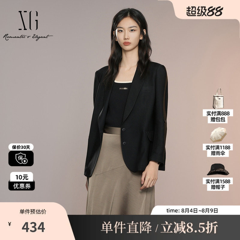 XG/雪歌XK307004A290 黑色醋纤七分袖挽边通勤休闲直筒西装外套女