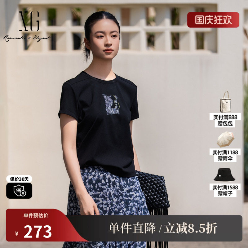 XG/雪歌XL201025A490黑色莱赛尔圆领短袖T恤薄印花正肩休闲上衣女