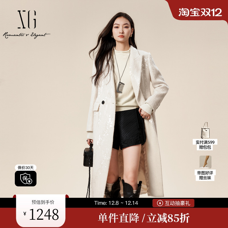 XG/雪歌XJ410060A391长款毛呢外套时尚冬季新款绵羊毛保暖大衣女