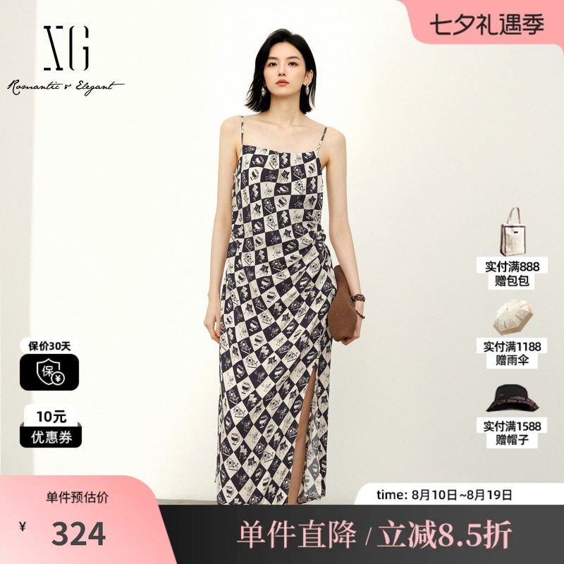 XG/雪歌XK204547B806 黑白花版铜氨丝满印吊带连衣裙收腰开叉女装