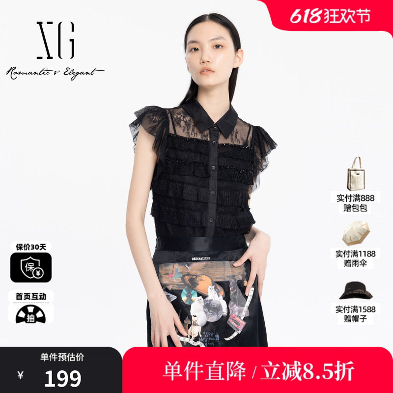 XG雪歌XJ221018A790黑色蕾丝拼接衬衫时尚夏季新款短袖钉珠上衣女
