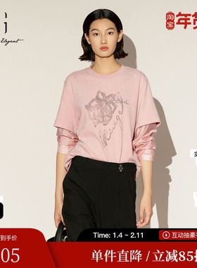 XG/雪歌XL101006A316棉感假两件T恤圆领拼接宽松直筒打底上衣女装