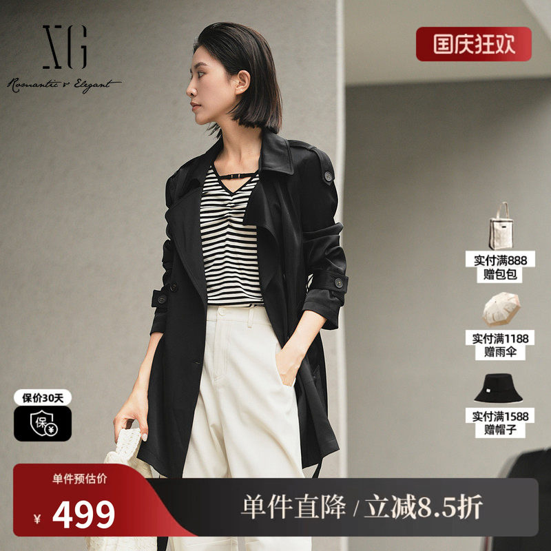 XG/雪歌XK308012A290黑色休闲风衣2025秋季新款中长款长袖外套女