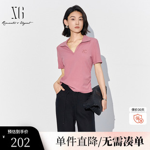 翻领设计上衣女装 新款 雪歌XK201014A308浅粉色短袖 T恤2025夏季