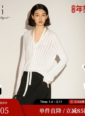 XG/雪歌XL111035A451白色飘带长袖针织衫V领花边直筒条纹开衫女装