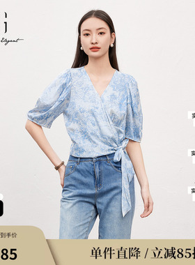 XG/雪歌XJ221038B496法式碎花气质衬衫 时尚夏季新款V领上衣女装