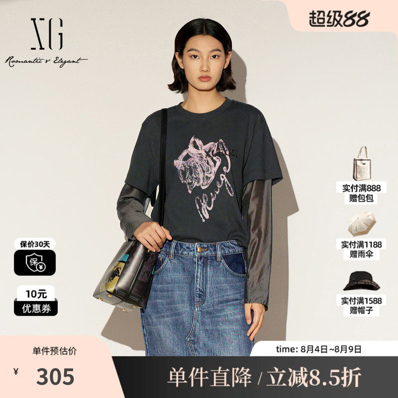 XG/雪歌XL101005A383棉感假两件T恤圆领拼接宽松直筒打底上衣女装