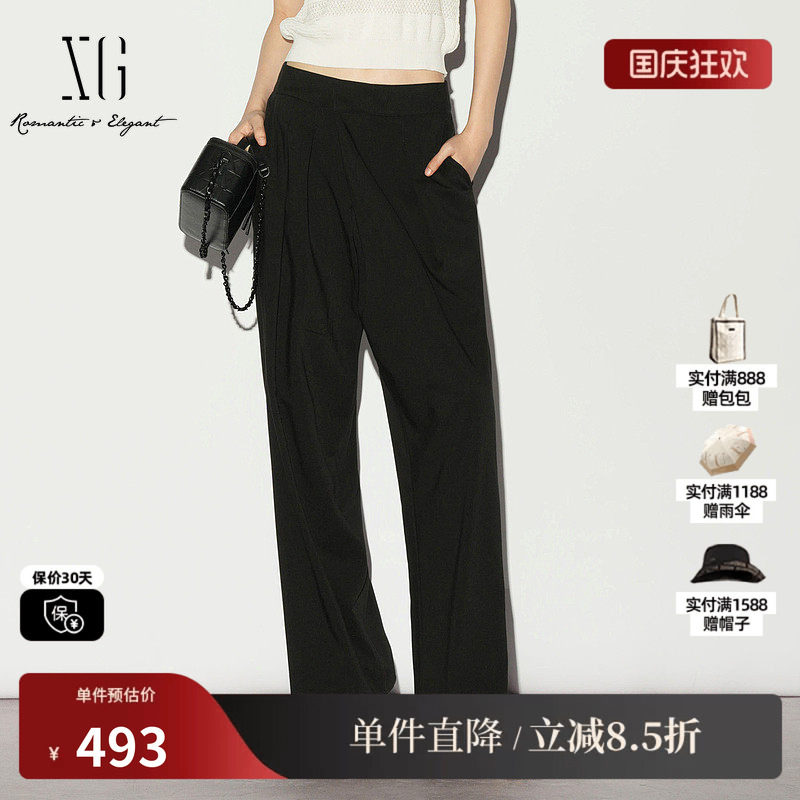 XG/雪歌XL202003A290 黑色直筒捏褶休闲裤通勤薄款中腰西装长裤女