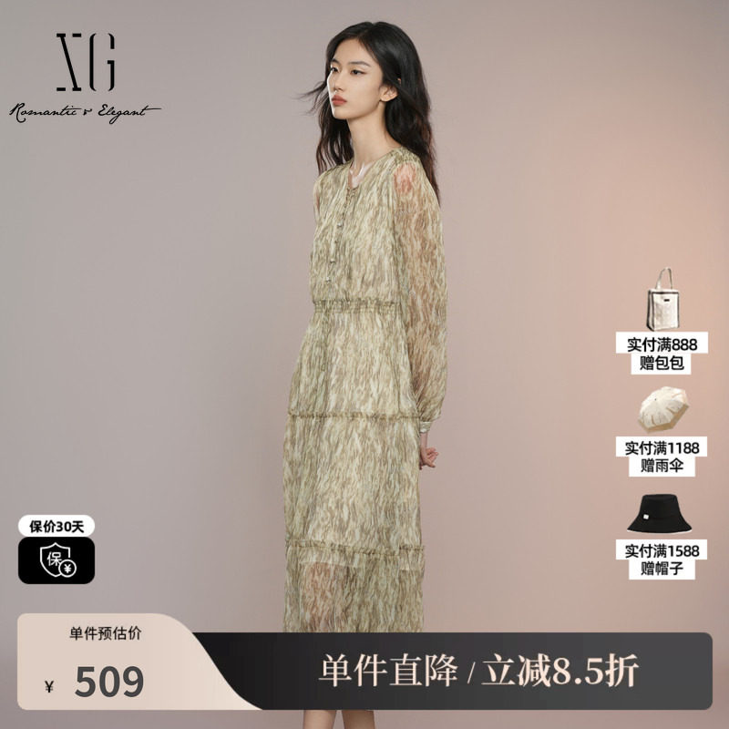 XG/雪歌XK304007B294系带领连衣裙2025秋季新款微透碎花中长裙女