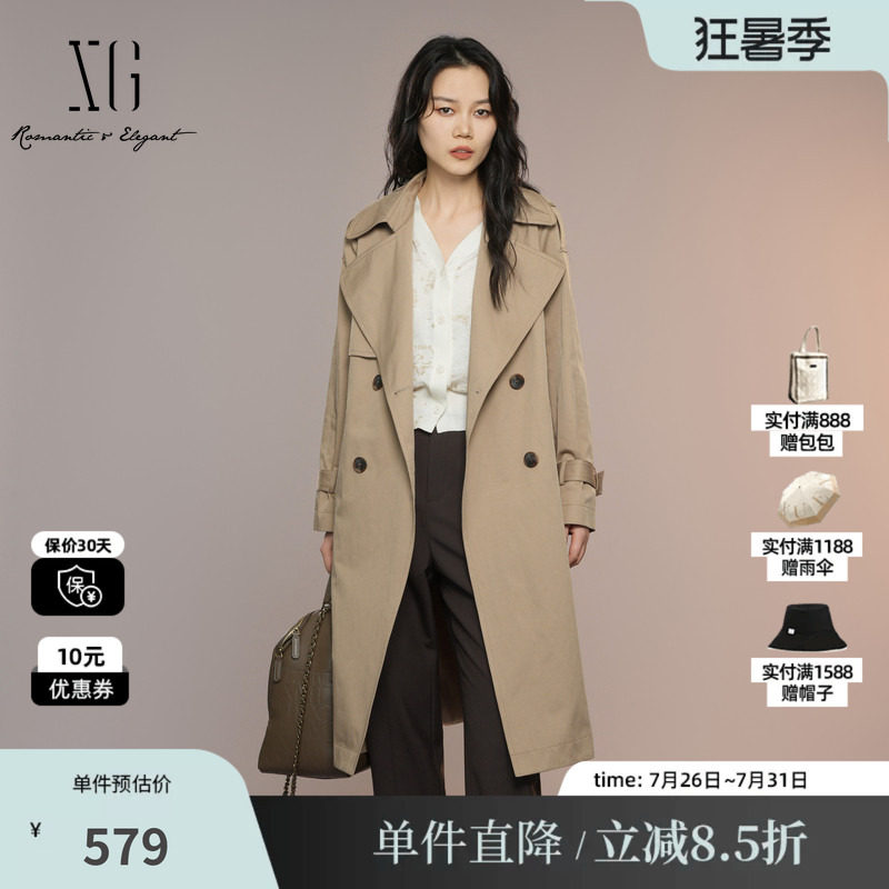 XG/雪歌XK308002A309中长款棉感风衣2025秋季新款咖色长袖外套女