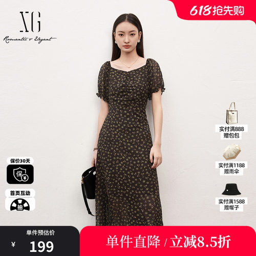XG雪歌XK204627B806复古碎花短袖连衣裙时尚夏季新款开叉中长裙女