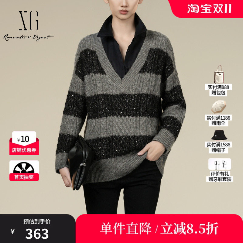 XG/雪歌XK411051B499 黑灰条纹宽松套头毛针织衫亮丝点缀毛衫女装