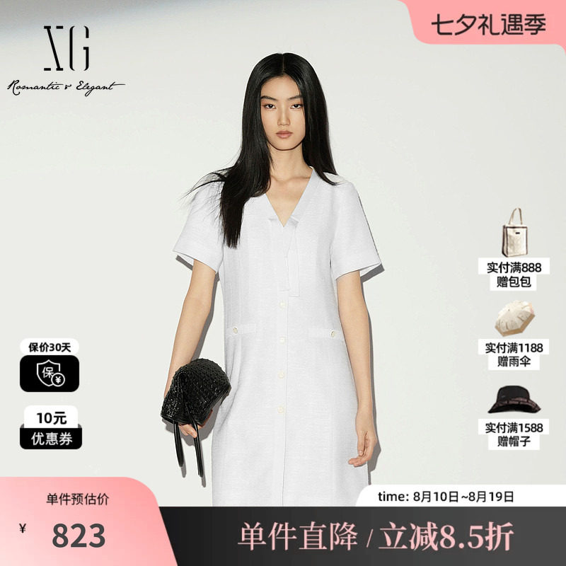 XG/雪歌XL204024A251白色V领飘带短袖连衣裙收腰简约直筒中裙女装