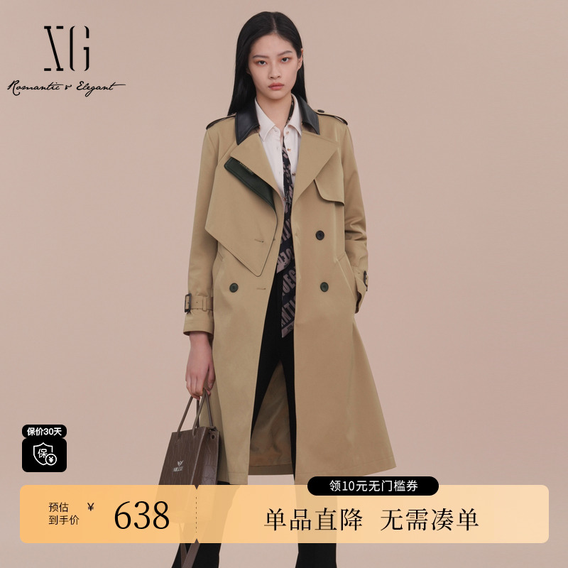 XG雪歌XK108001A173复古风卡其色长袖风衣2025春季新款长款外套女