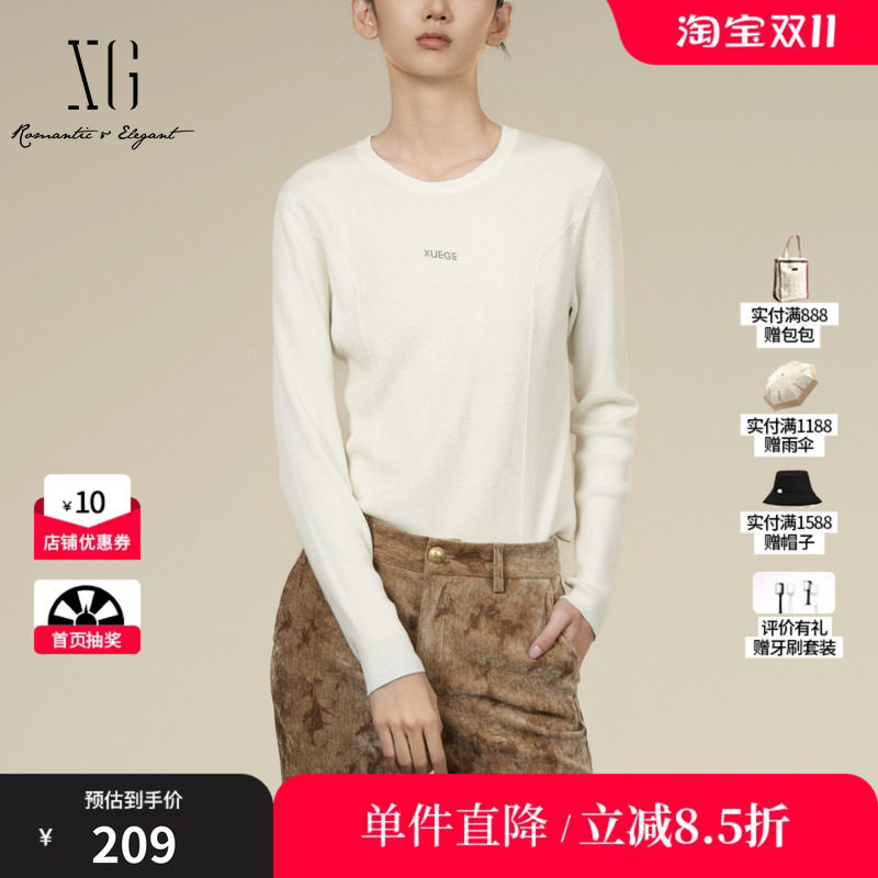 XG/雪歌XK411032A591 烫钻点缀长袖毛针织衫米白色圆领套头毛衫女