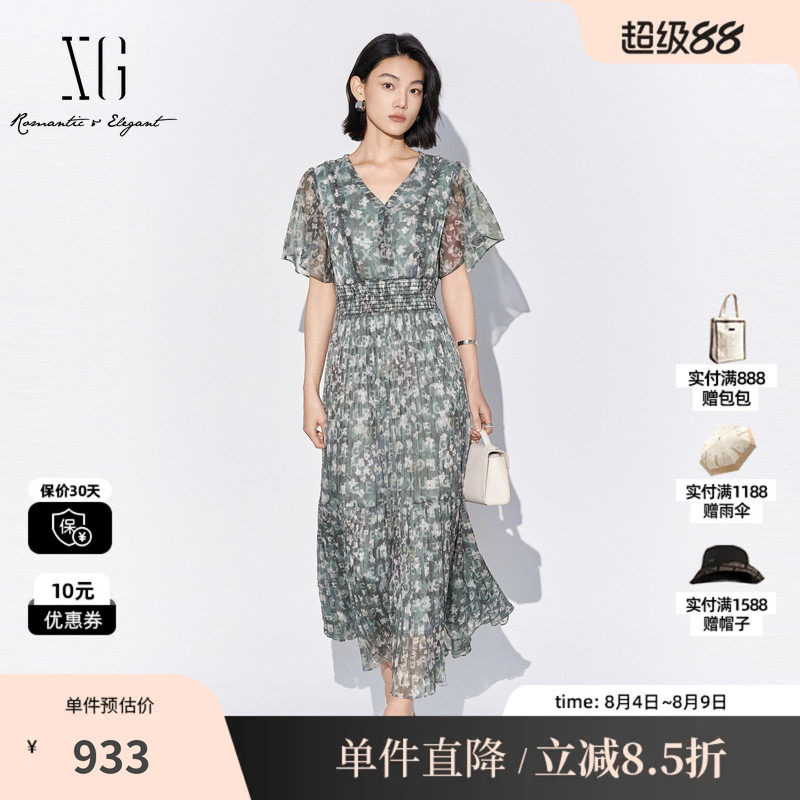 XG/雪歌XL204054BE93 碎花V领飞袖连衣裙松紧高腰A字薄款长裙女装