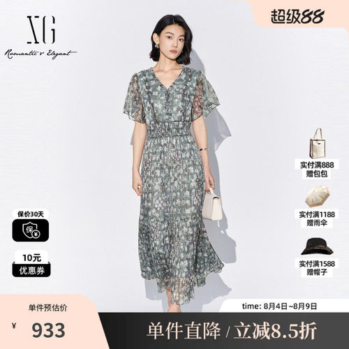 XG/雪歌XL204054BE93 碎花V领飞袖连衣裙松紧高腰A字薄款长裙女装