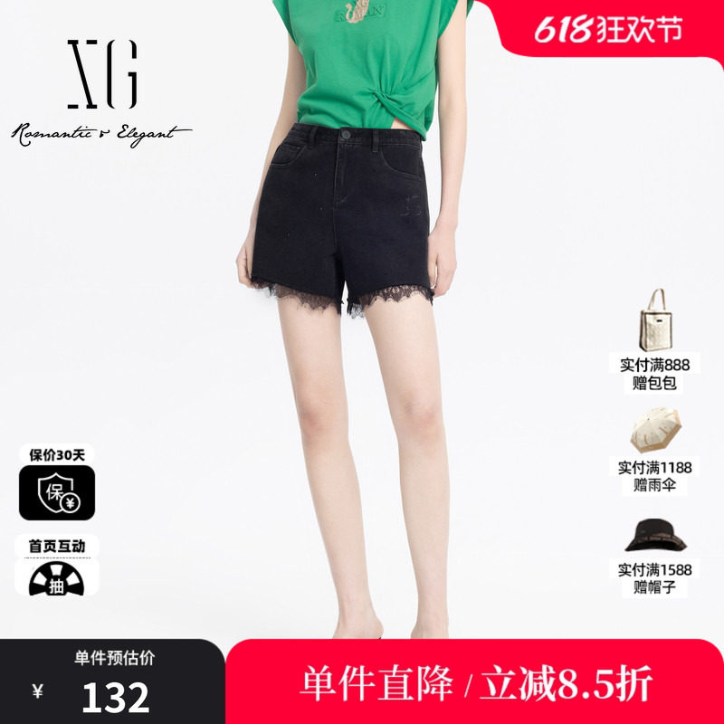 XG/雪歌XJ202018A390黑色蕾丝拼接牛仔裤时尚夏季新款显瘦短裤女