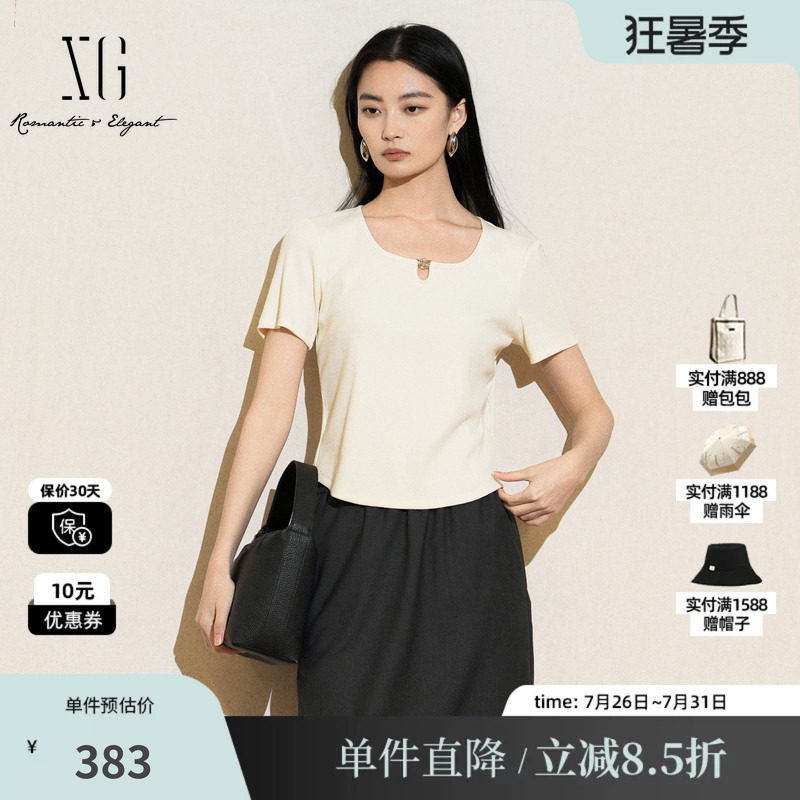 XG/雪歌XL201008A591米白色圆领镂空短袖T恤修身百搭薄款上衣女装