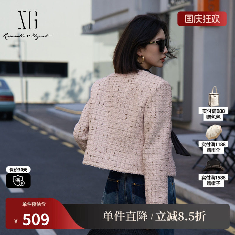 XG雪歌XK307005A316长袖小香风短外套2025秋季新款复古格纹外套女