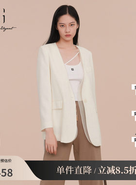 XG/雪歌XK107025A591纯醋纤V领西装网纱拼接白色职场长袖外套女装