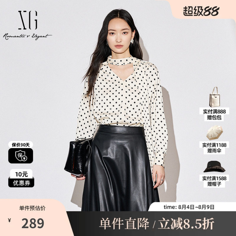 XG/雪歌XK321011B692波点长袖衬衫2025秋季新款绑带设计V领上衣女