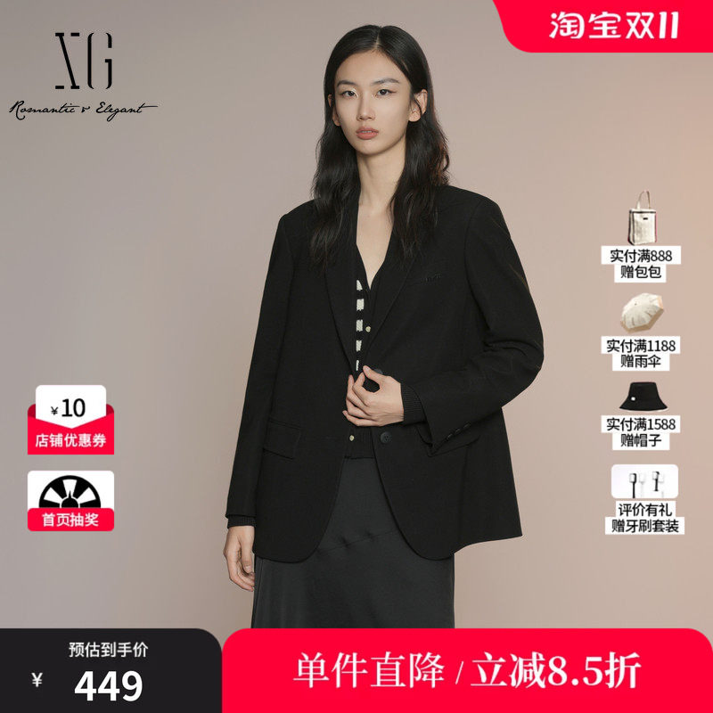 XG雪歌XK307025A690黑色长袖休闲西装2025秋季新款挺括西装外套女
