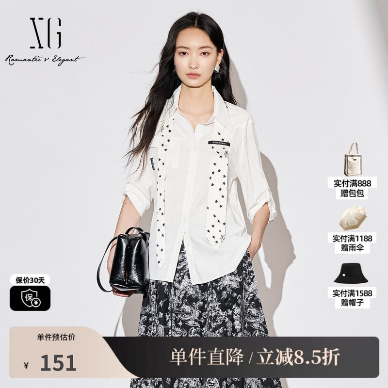 XG/雪歌XJ321032A151白色翻领衬衫时尚秋季新款领带搭配上衣女装