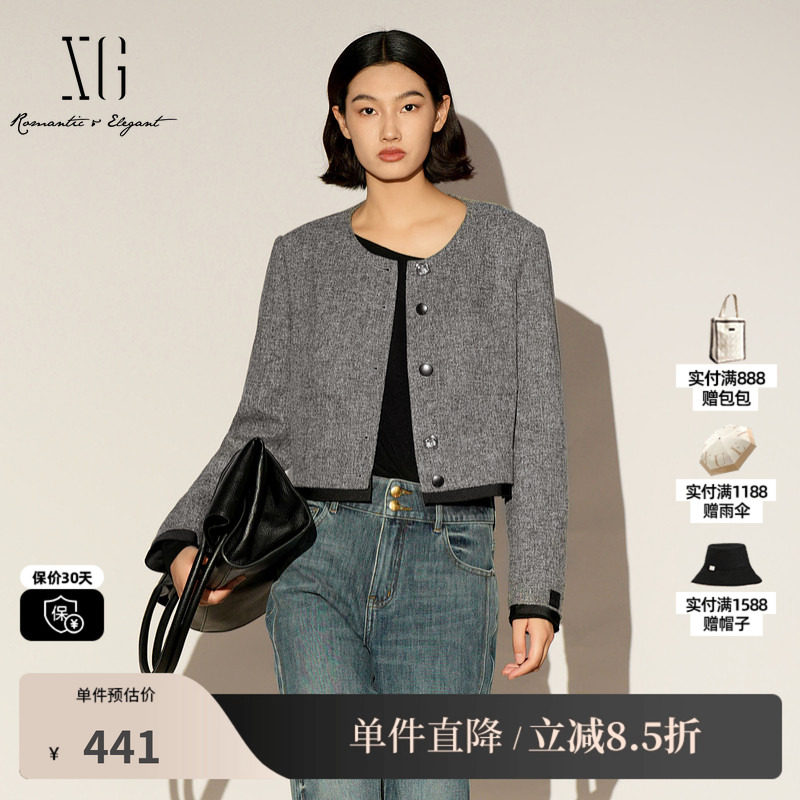 XG雪歌XL107012B284小香风灰色短外套2026春季新款长袖短款外套女