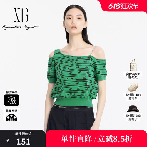 XG雪歌XJ211005B641绿色短袖毛针织衫时尚夏季新款斜领收腰上衣女