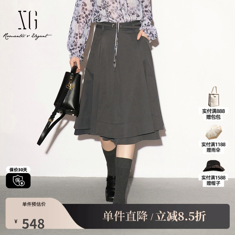 XG/雪歌XL303012A584深灰色腰带A字半身裙百褶伞裙中裙简约风女装