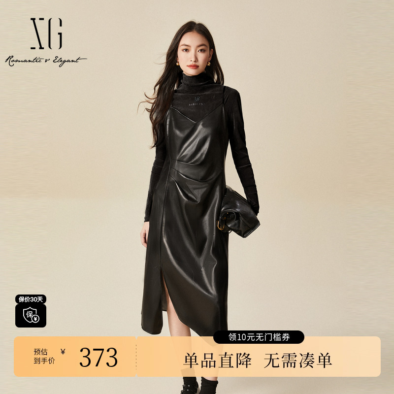 XG/雪歌XJ404011A190两件套长袖连衣裙时尚冬季新款褶皱吊带裙女