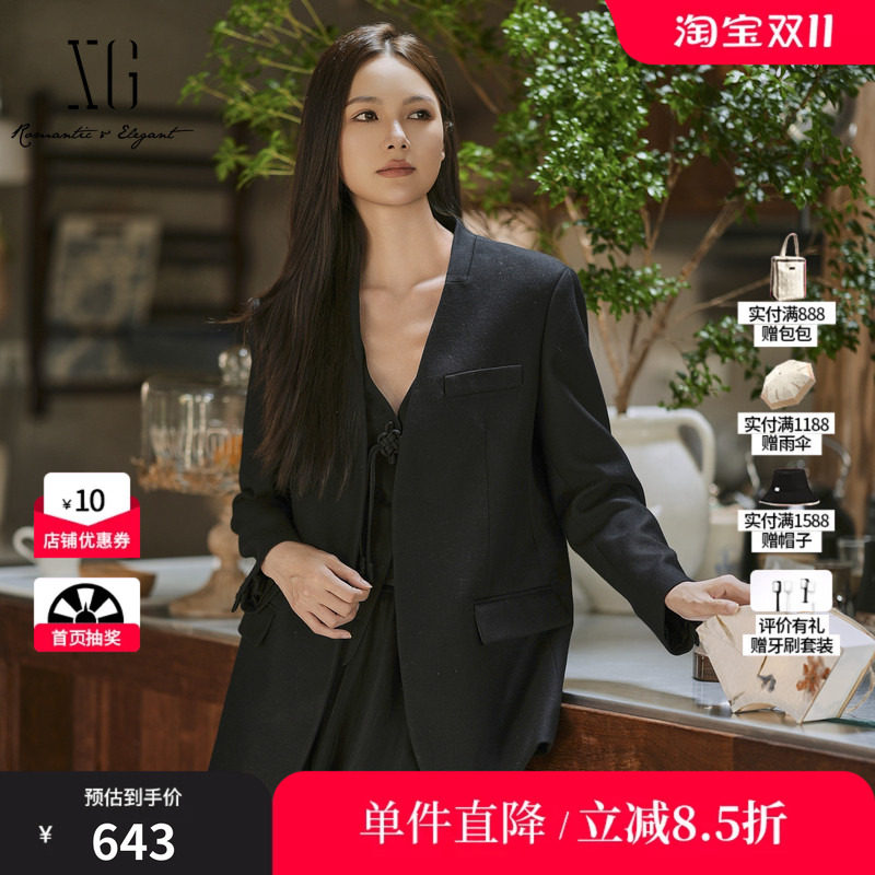 XG/雪歌XK407013A190 黑厚款长袖休闲西装通勤简约羊毛混纺外套女