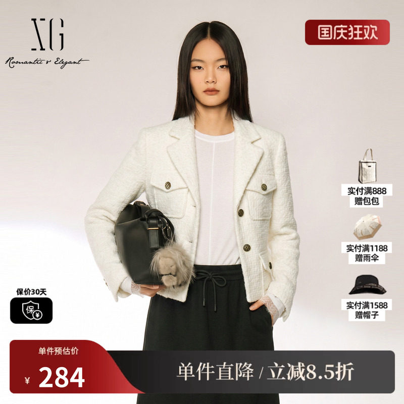 XG/雪歌 XJ410777A851白色羊毛混纺小香风正肩短款直筒毛呢外套女